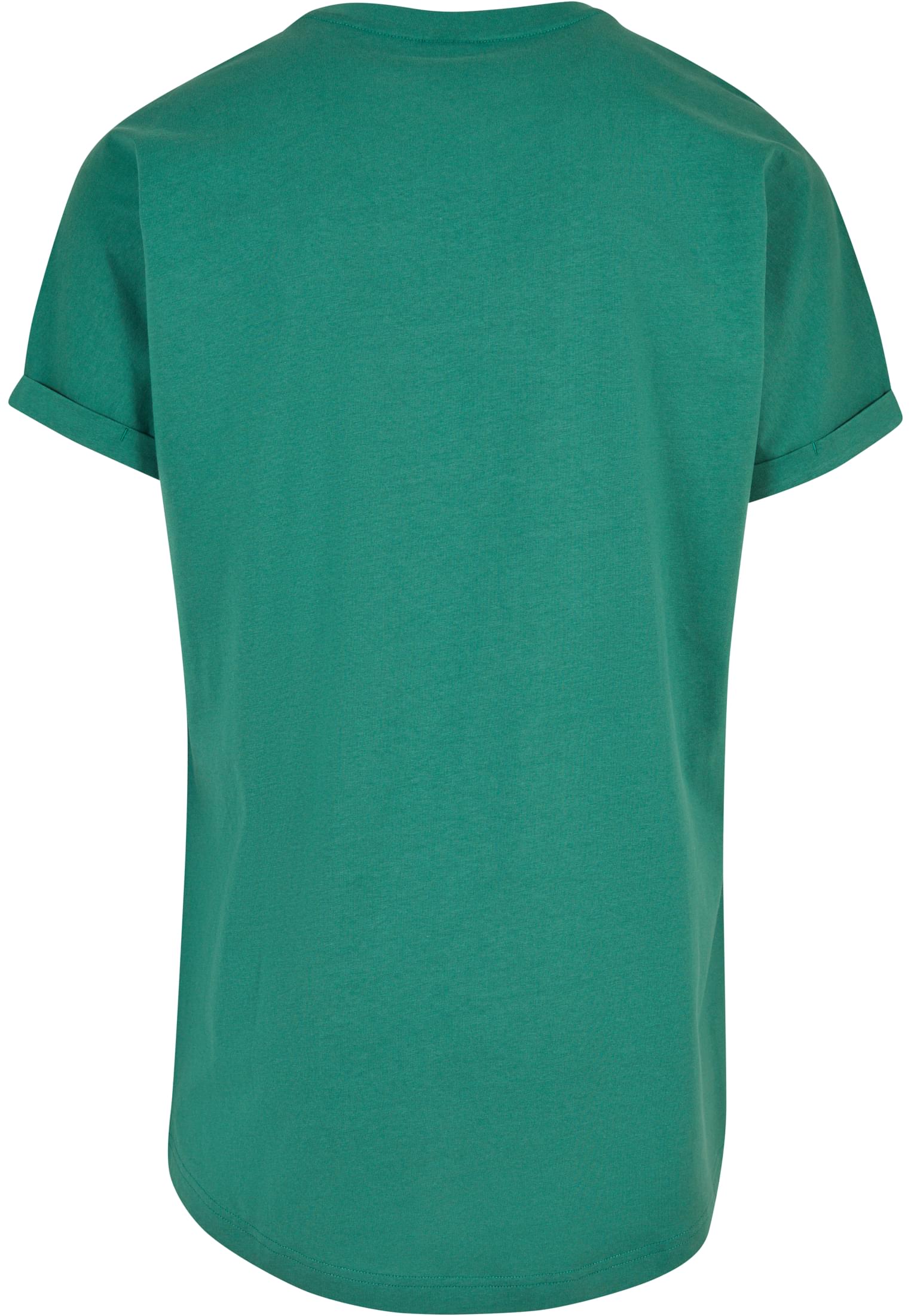 Baksidan av en terracottafärgad t-shirt med uppvikta ärmar och en lång, rundad fåll.