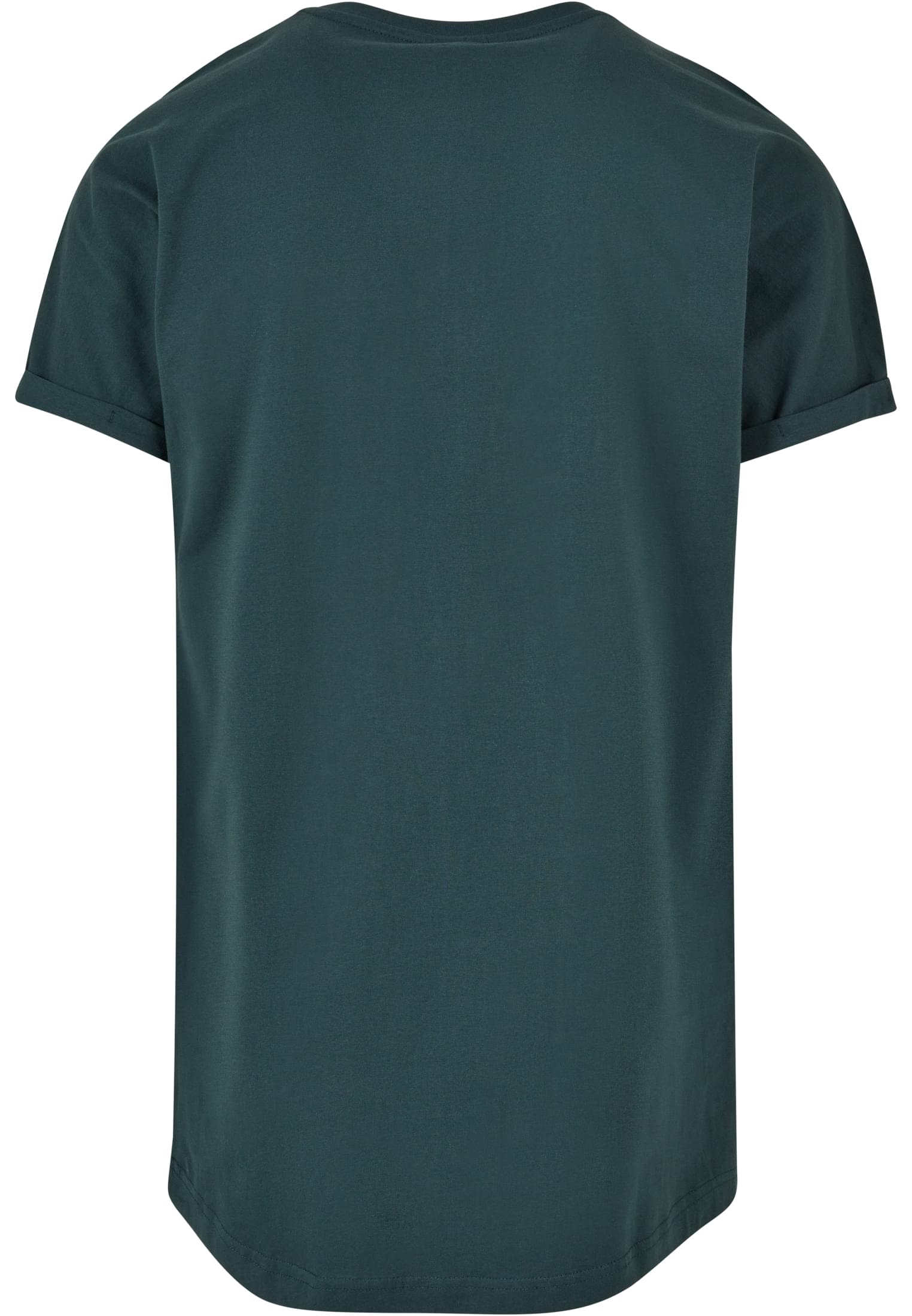 Baksidan av en mörkgrön t-shirt med uppvikta ärmar och en längre, rundad fåll.