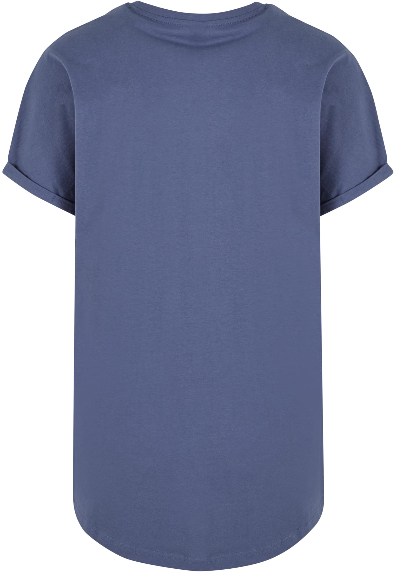 Baksidan av en blå, lång t-shirt med uppvikta ärmar och en rundad nederkant.