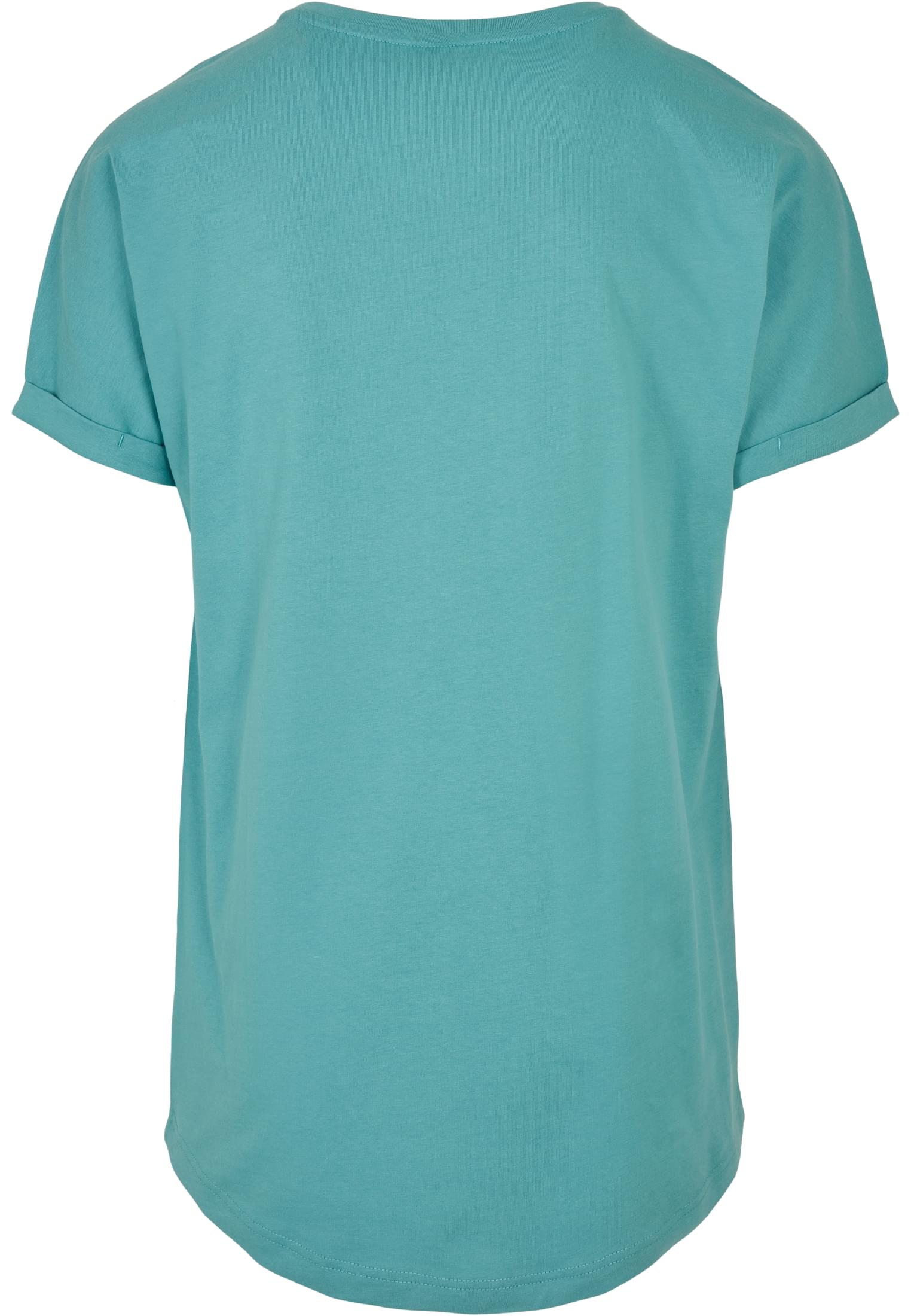 Baksida av en lång turkos herr-t-shirt med uppvikta ärmar och rundad nederkant.