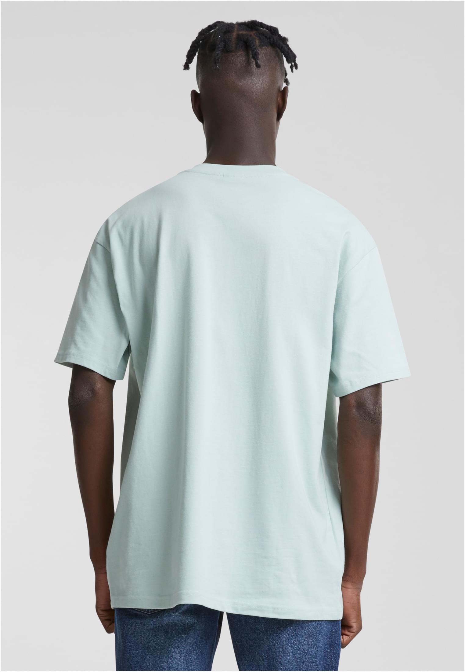 Baksidan av en manlig modell som bär en Heavy Oversized Tee i färgen frostmint.