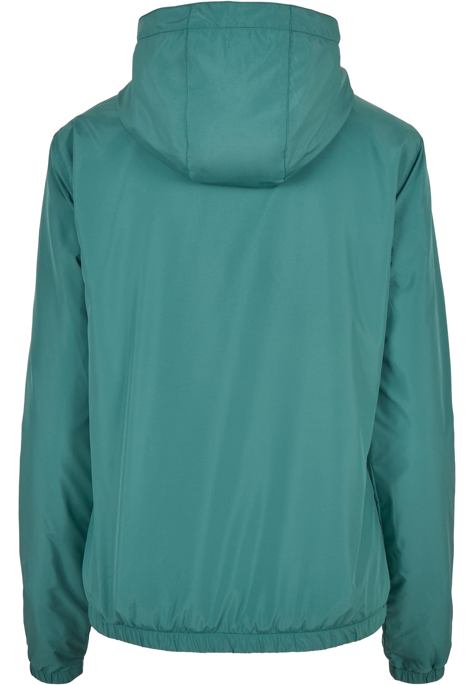 Vattengrön anorakjacka för damer med huva, fotograferad bakifrån.
