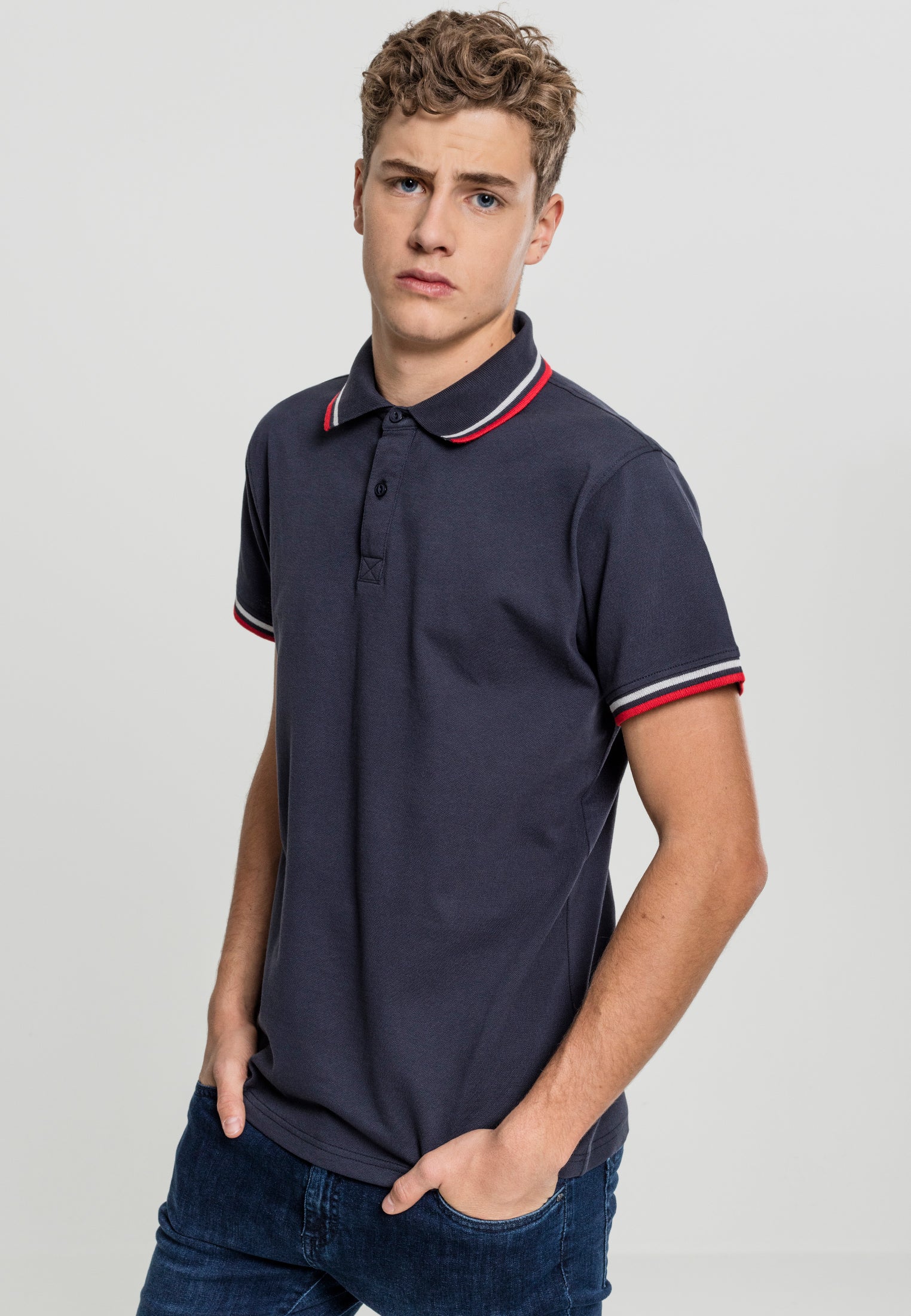 Double Stripe Polo skyrta dökkblár/hvítur/eldrauður XXL
