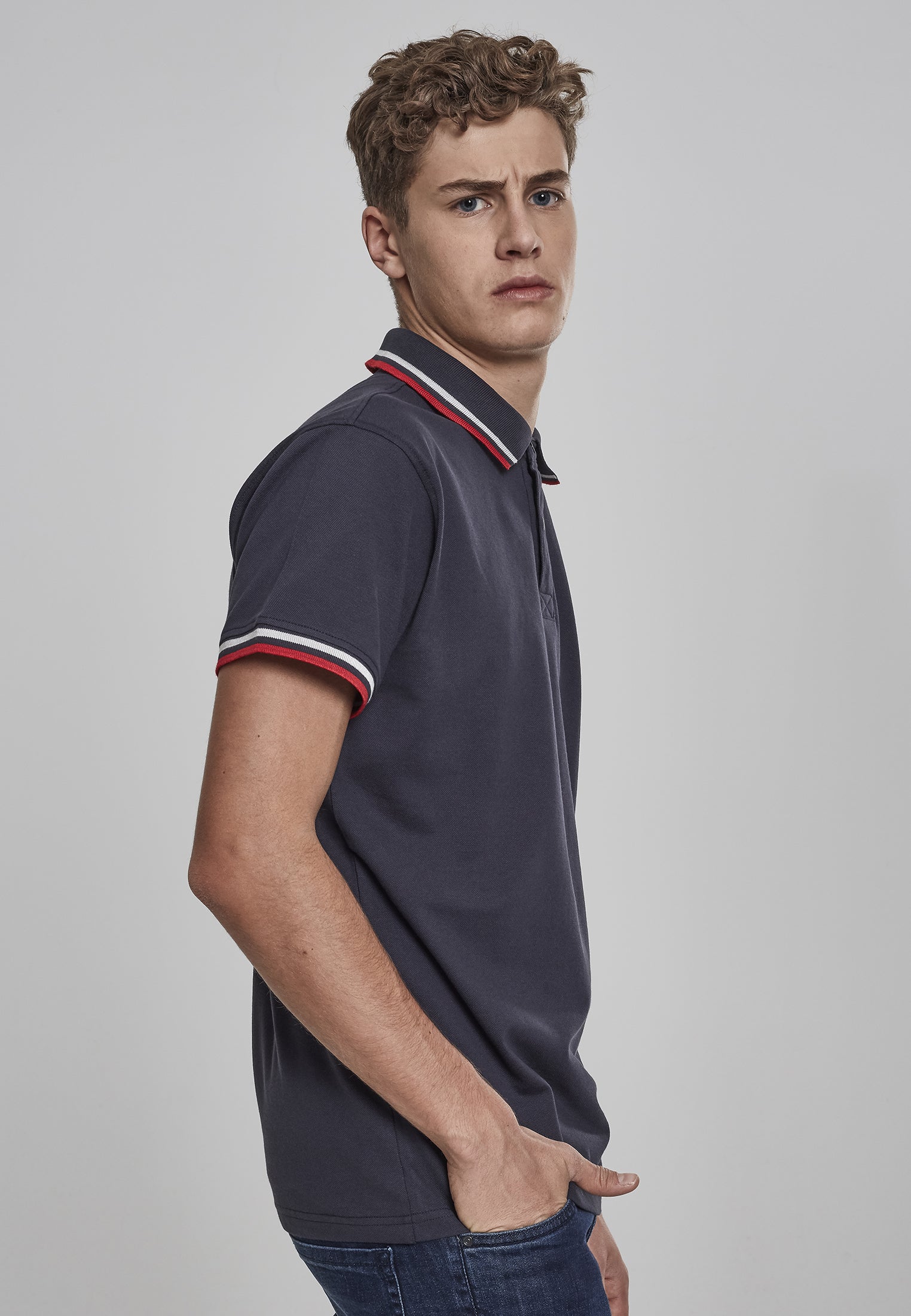 Double Stripe Polo skyrta dökkblár/hvítur/eldrauður XXL