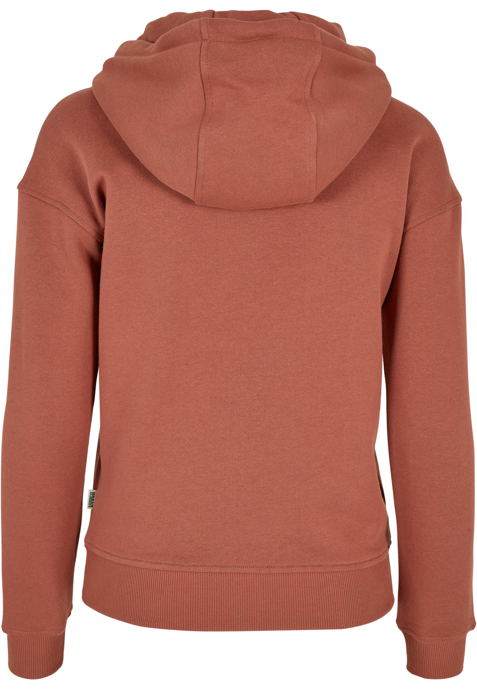Baksidan av en UC Ladies Organic Hoody i en roströd färg, med huvan uppe.