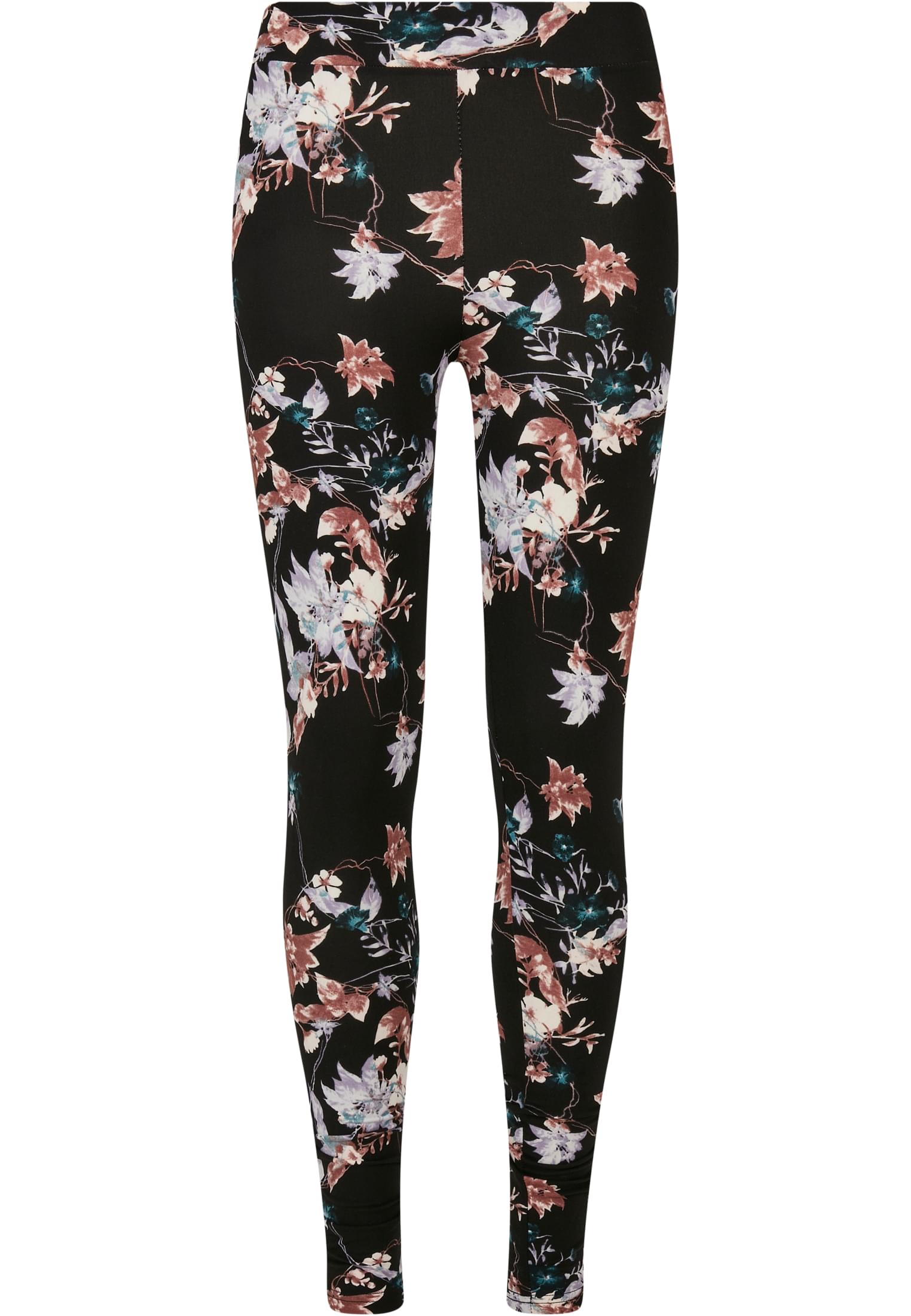 Svarta leggings för damer med ett heltäckande blommönster i vitt, lila och rosa-bruna nyanser, fotograferade framifrån mot en vit bakgrund.