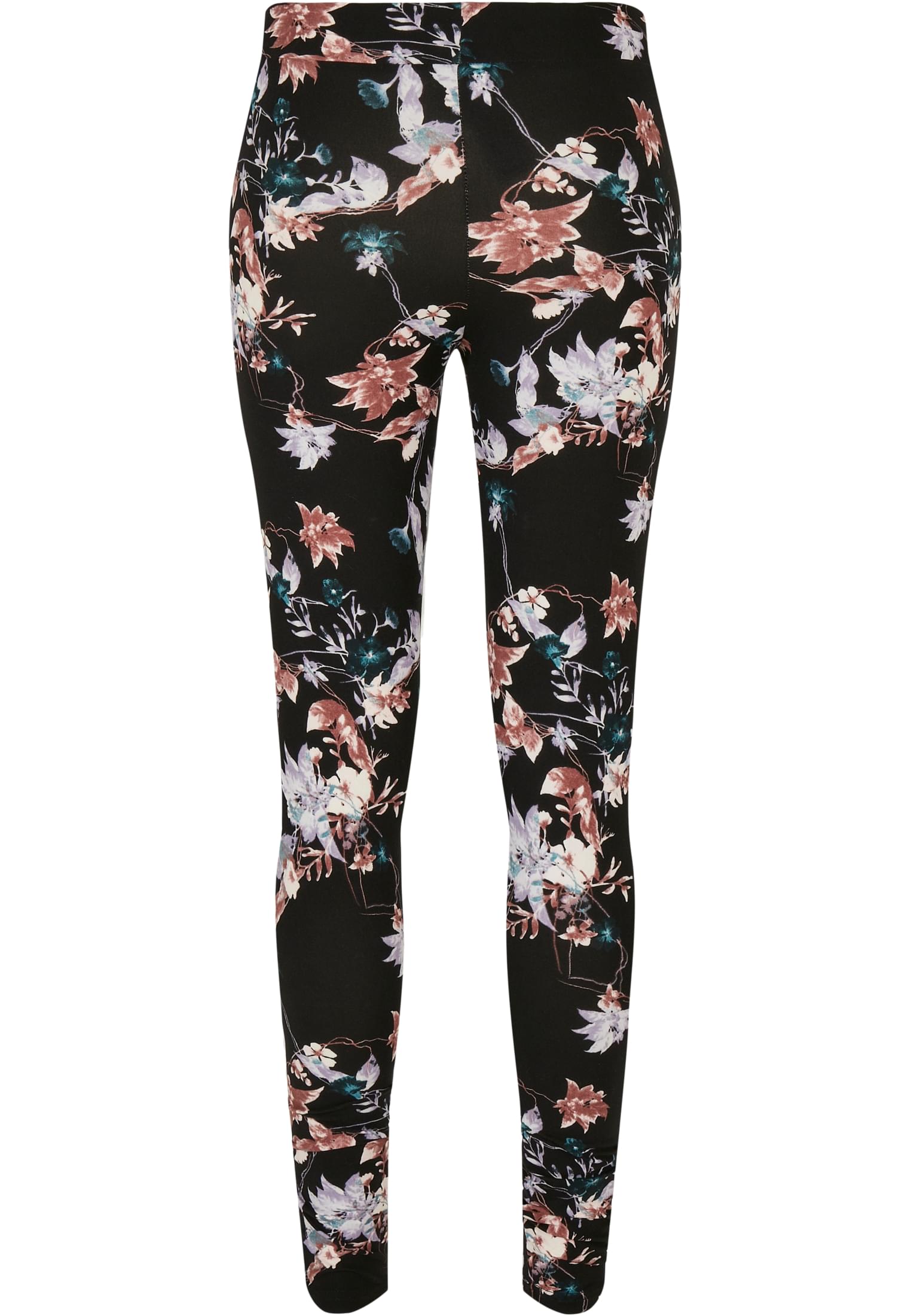 Ett par svarta leggings med blommigt mönster i rosa, lila och turkos, visade bakifrån mot vit bakgrund.