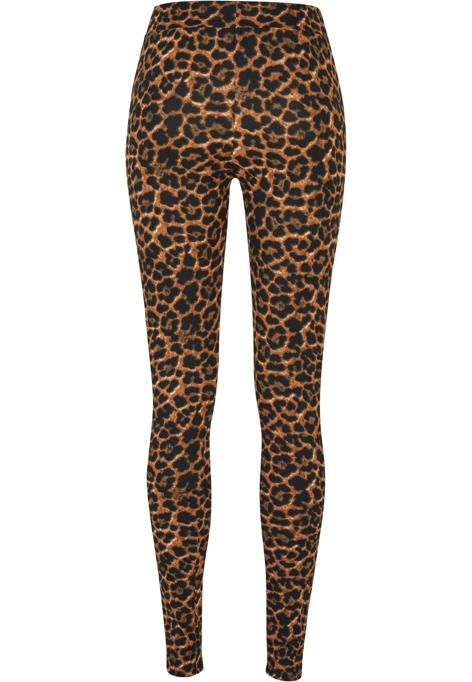 Framifrån av ett par UC Ladies Soft AOP Leggings med heltäckande leopardmönster.