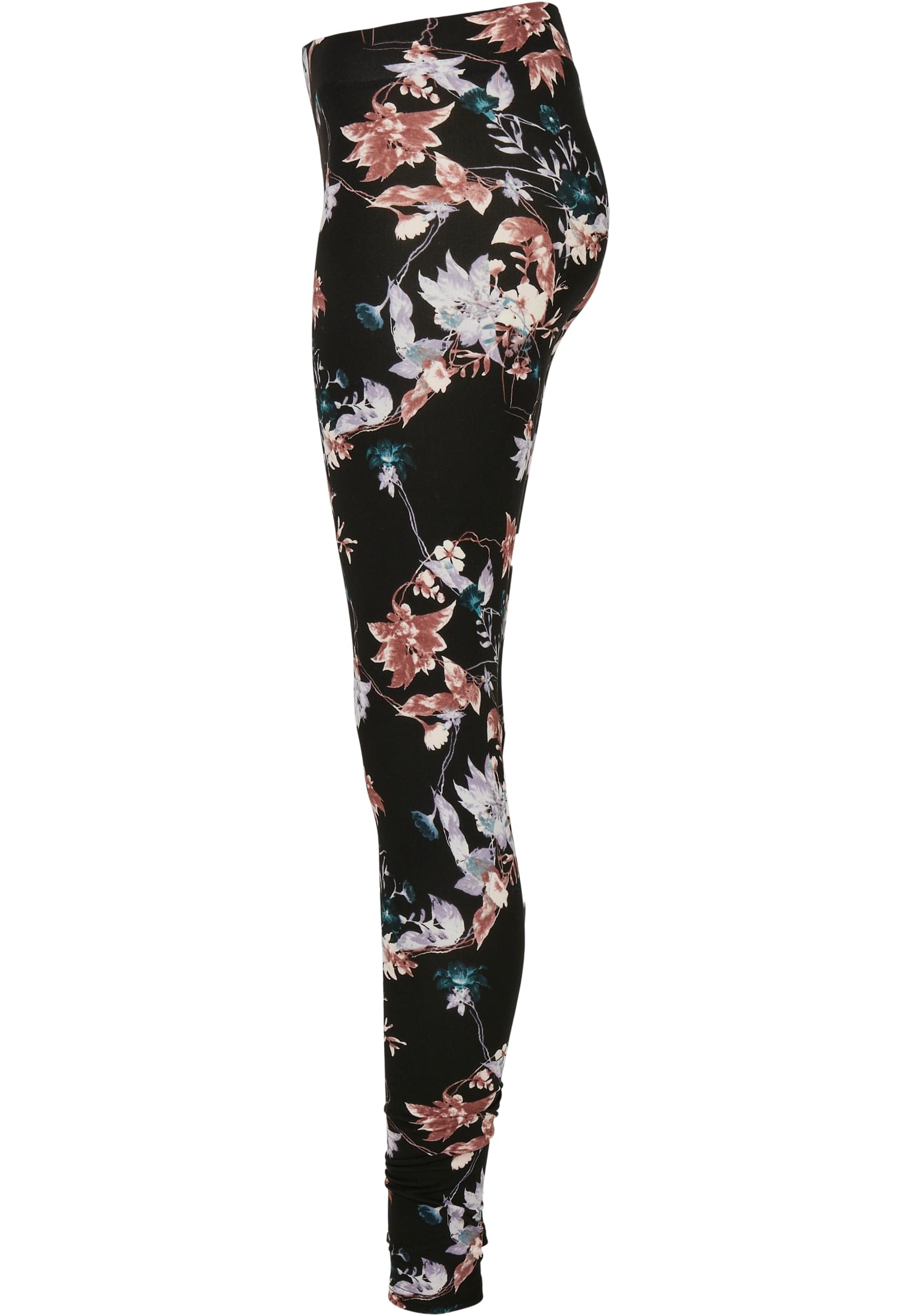 Sidovy av svarta UC Ladies Soft AOP Leggings med blommönster.