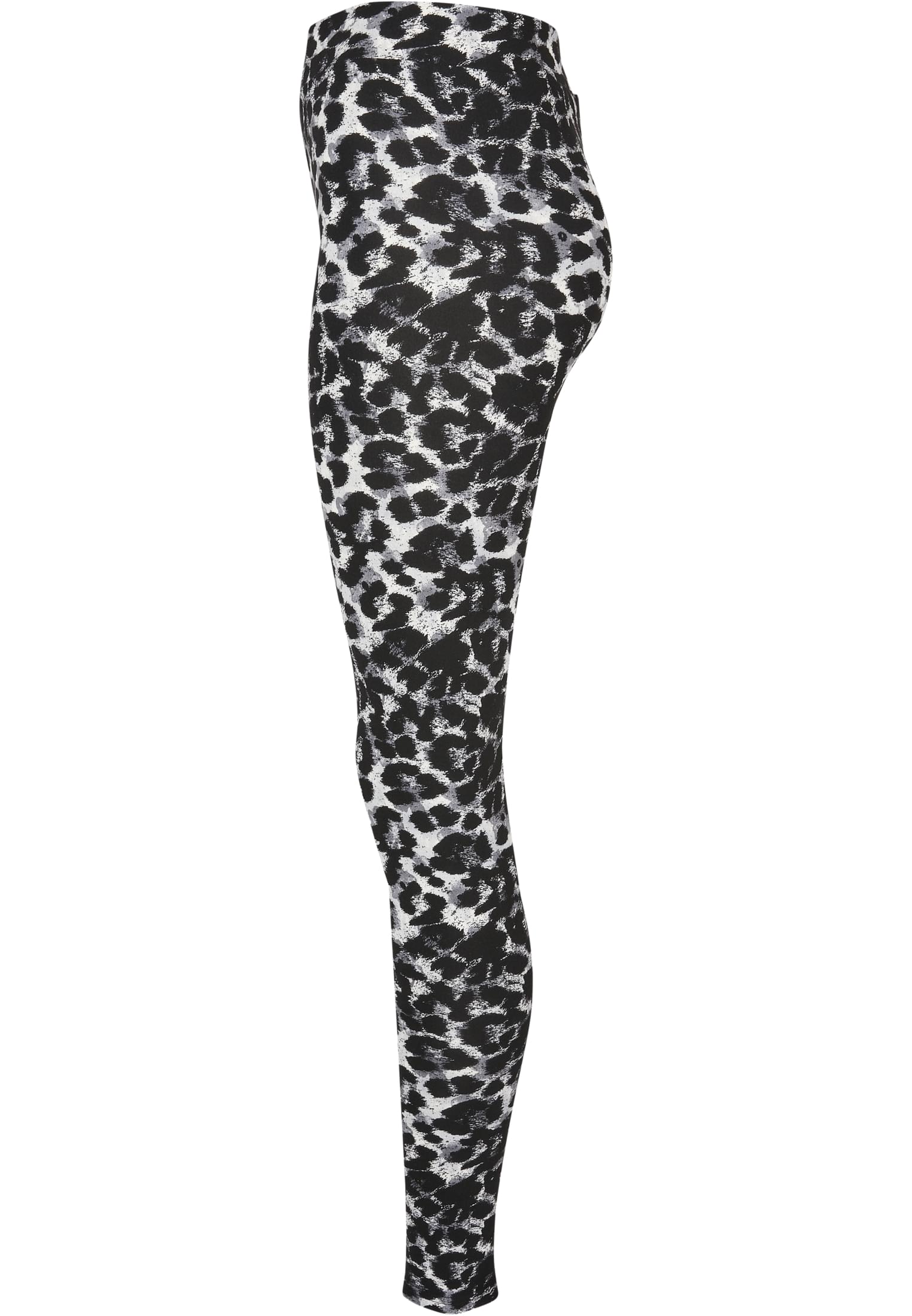 Sidovy av UC Ladies Soft AOP Leggings med ett svartvitt leopardmönster.