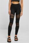 Damen Leggings mit Häkelspitze und Einsatz, Schwarz, XXL