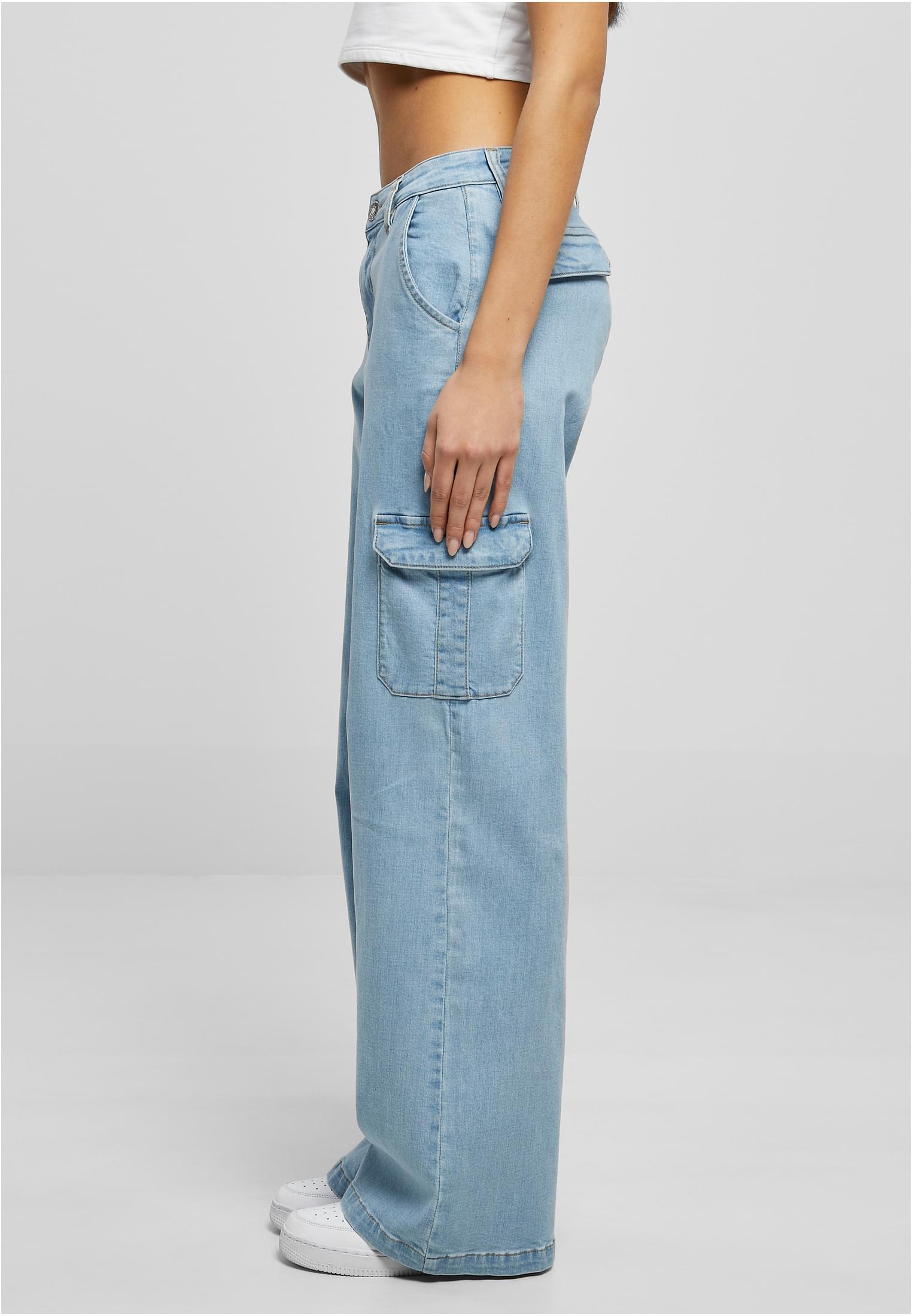 Pantaloni cargo in denim dritti a vita alta da donna, colore bianco sporco grezzo 29