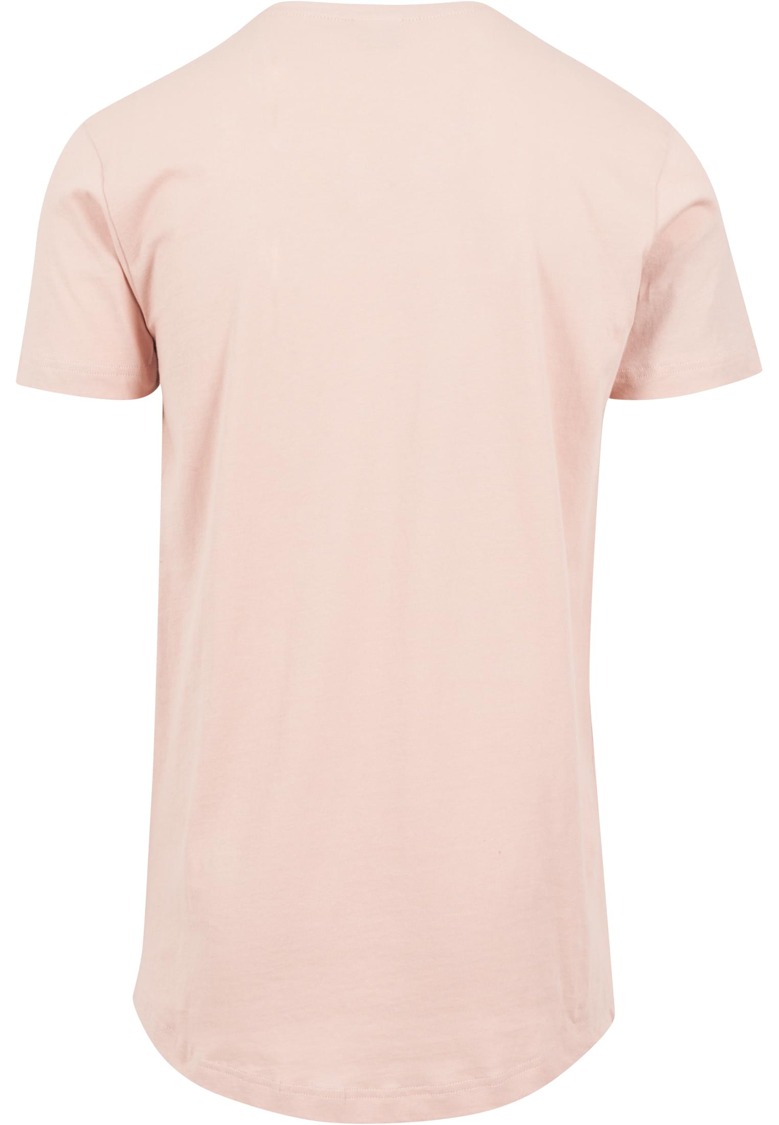 Baksidan av en terrakottafärgad lång t-shirt för män med rundad fåll.