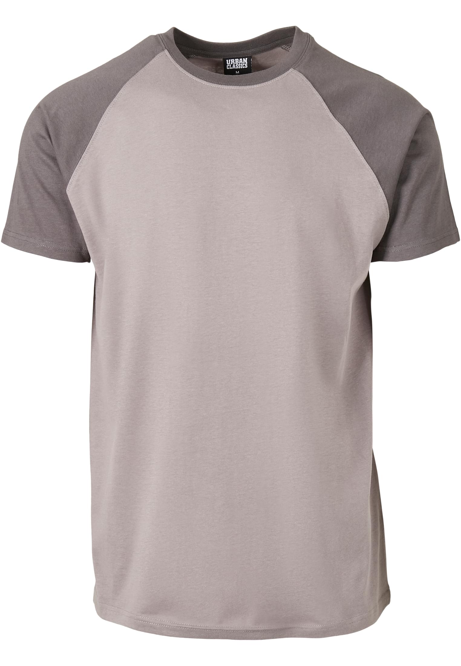 En tvåfärgad raglan-T-shirt för herr med ljusgrå kropp och mörkgrå ärmar och halsringning.