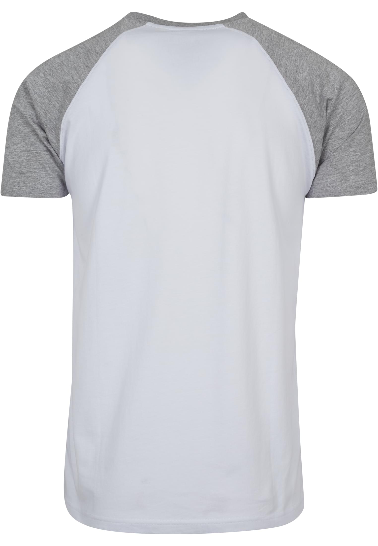 Baksidan av en vit T-shirt med kontrasterande gråa raglanärmar.