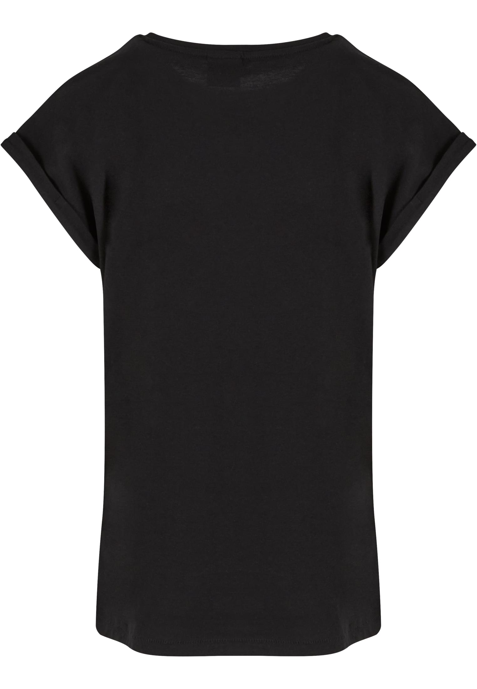 Baksidan av den svarta t-shirten Ladies Extended Shoulder Tee med uppvikta ärmar.