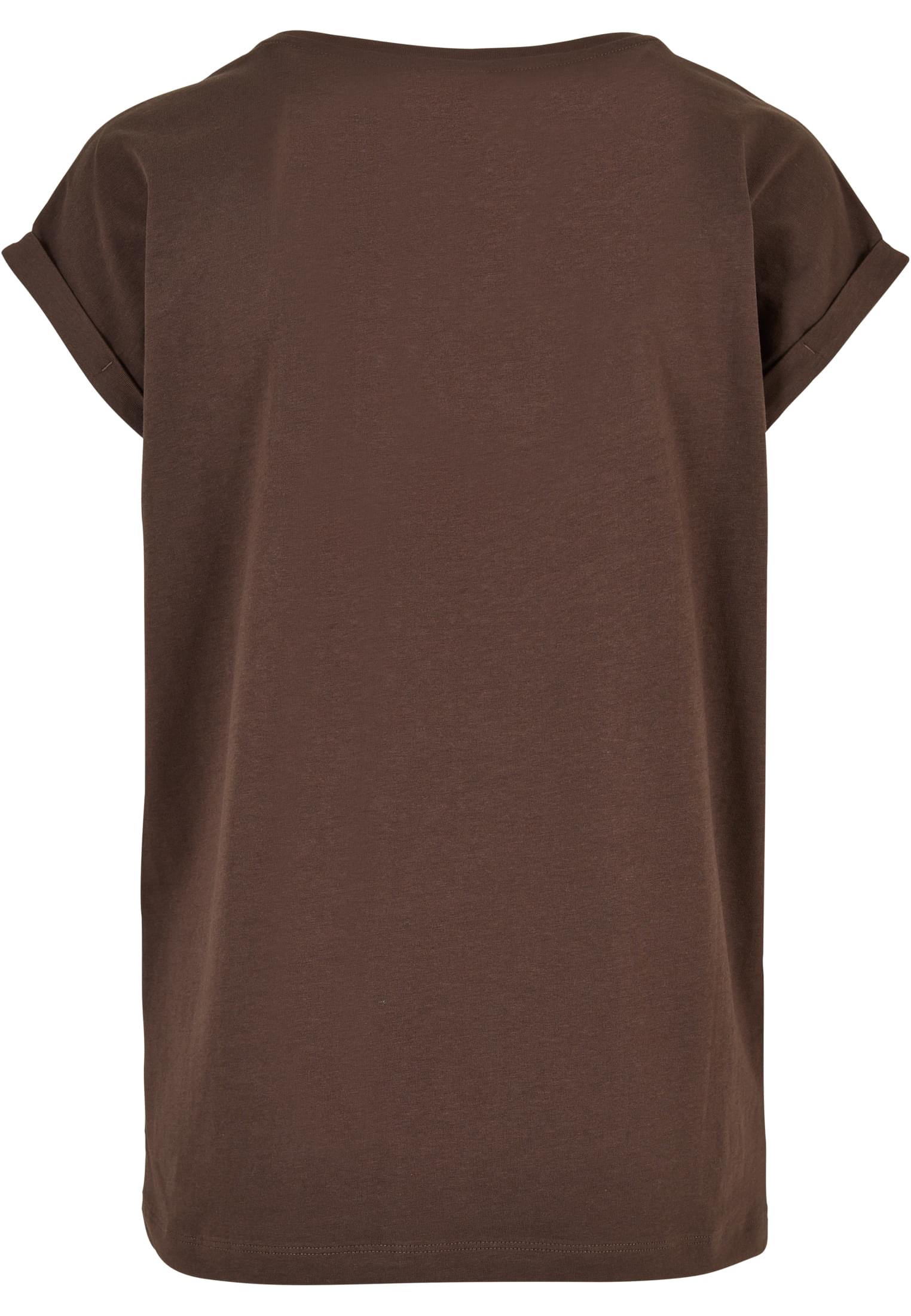 Brun Ladies Extended Shoulder Tee med uppvikta ärmar, sedd bakifrån.