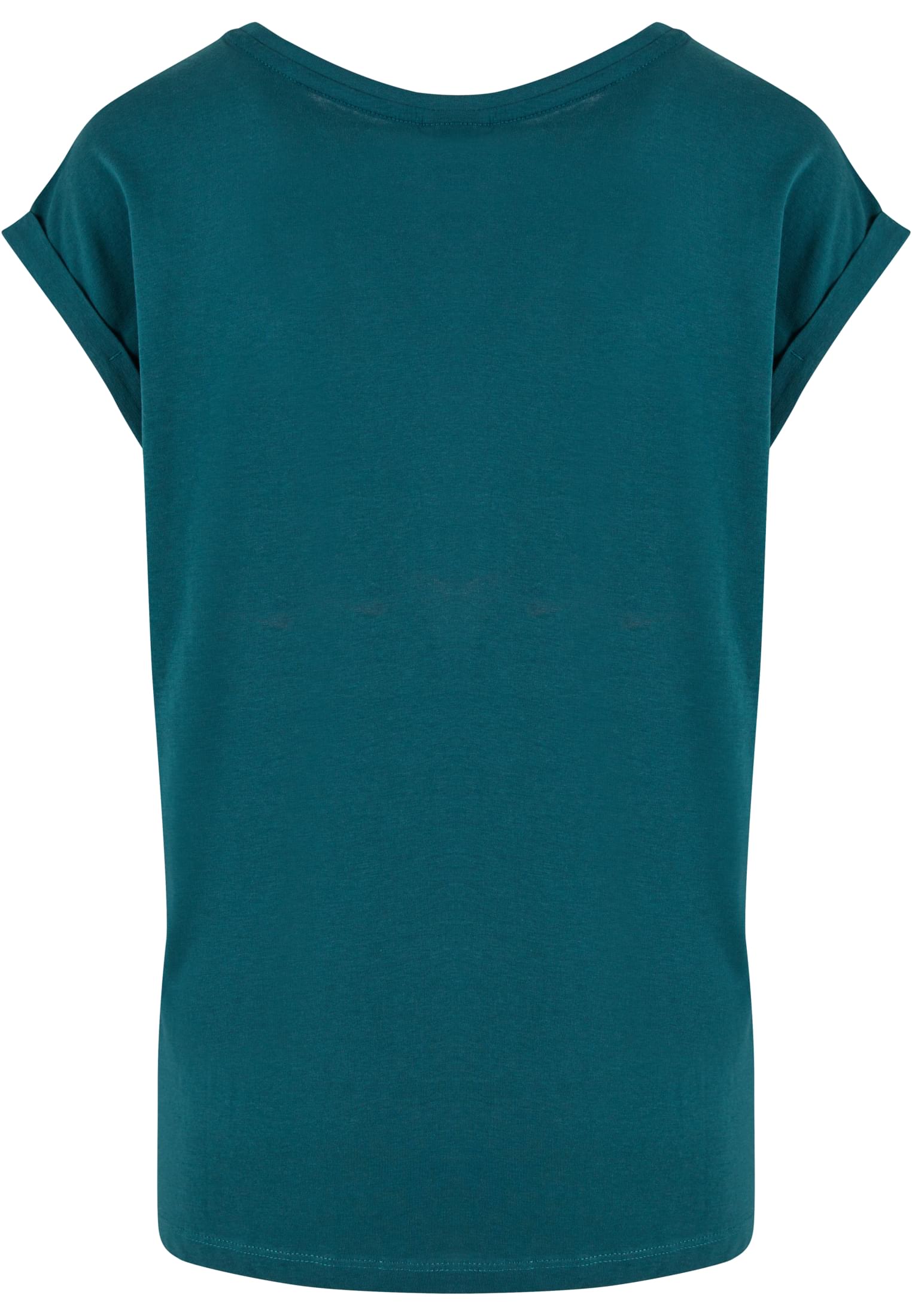 Baksidan av en grönblå Ladies Extended Shoulder Tee med nedhasade axlar och uppvikta ärmar.