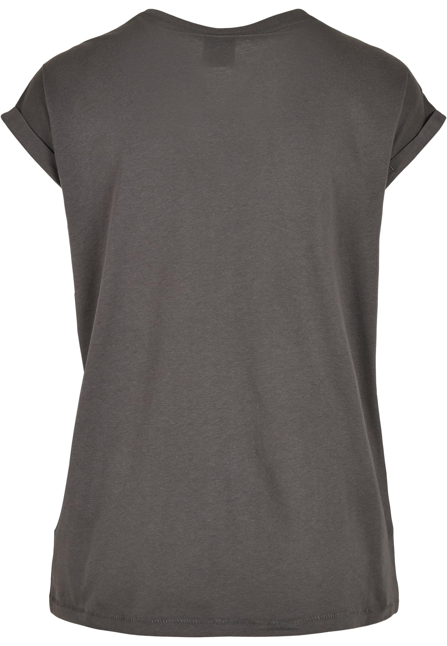 Baksidan av en mörkgrå Ladies Extended Shoulder Tee med uppvikta ärmar.
