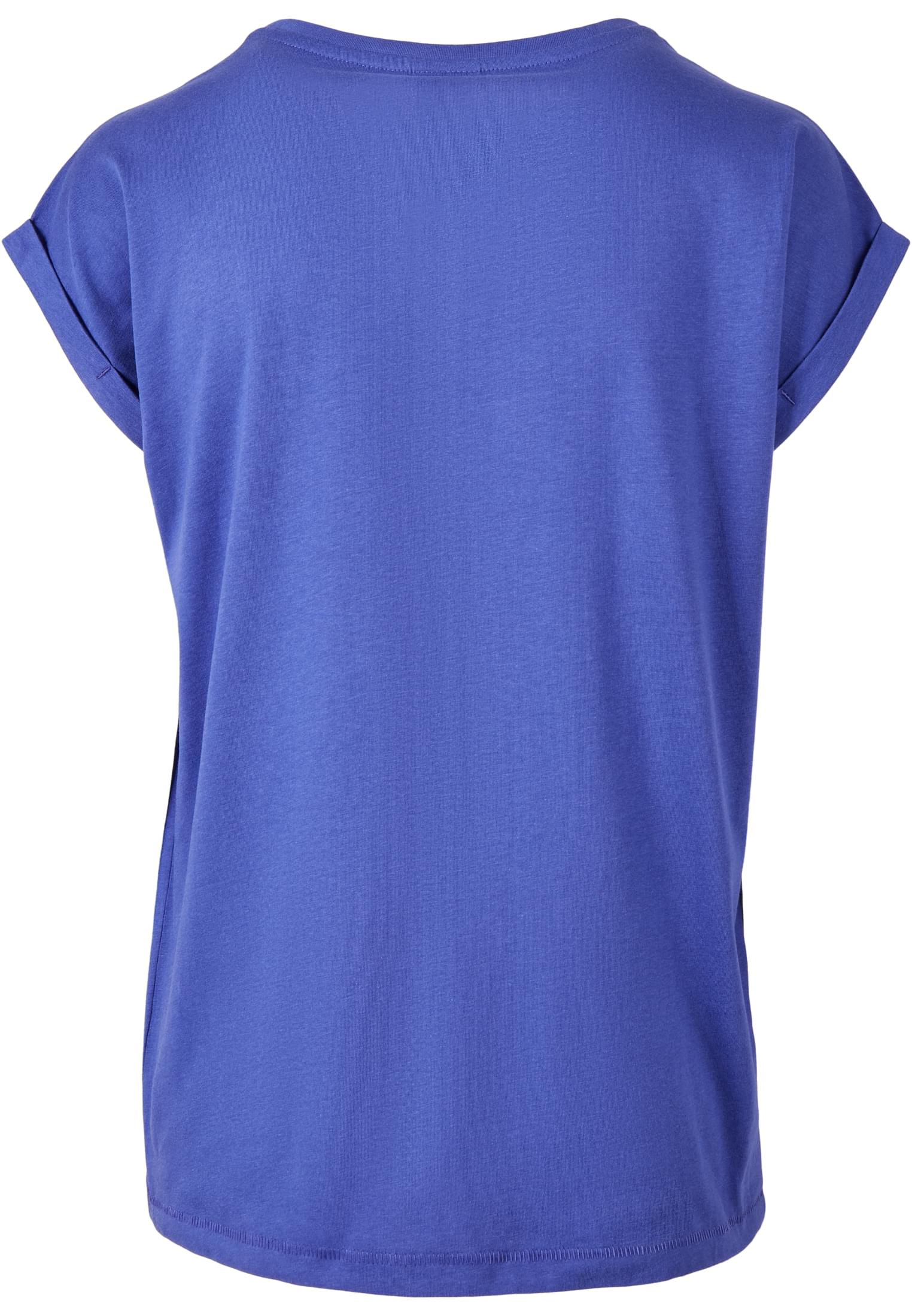 Baksidan av en blå Ladies Extended Shoulder Tee med korta, uppvikta ärmar.