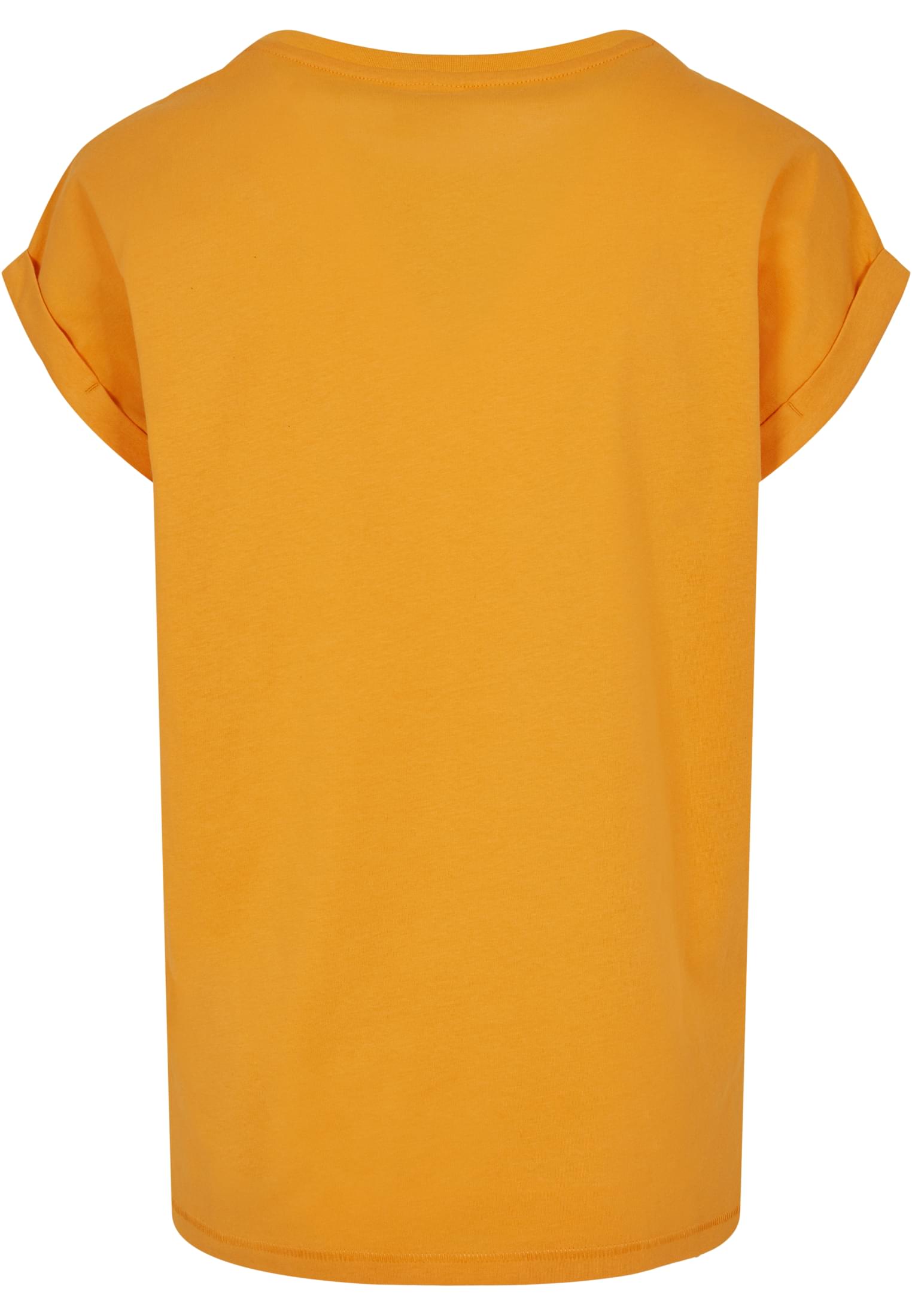Baksidan av en orange Ladies Extended Shoulder Tee med uppvikta ärmar.