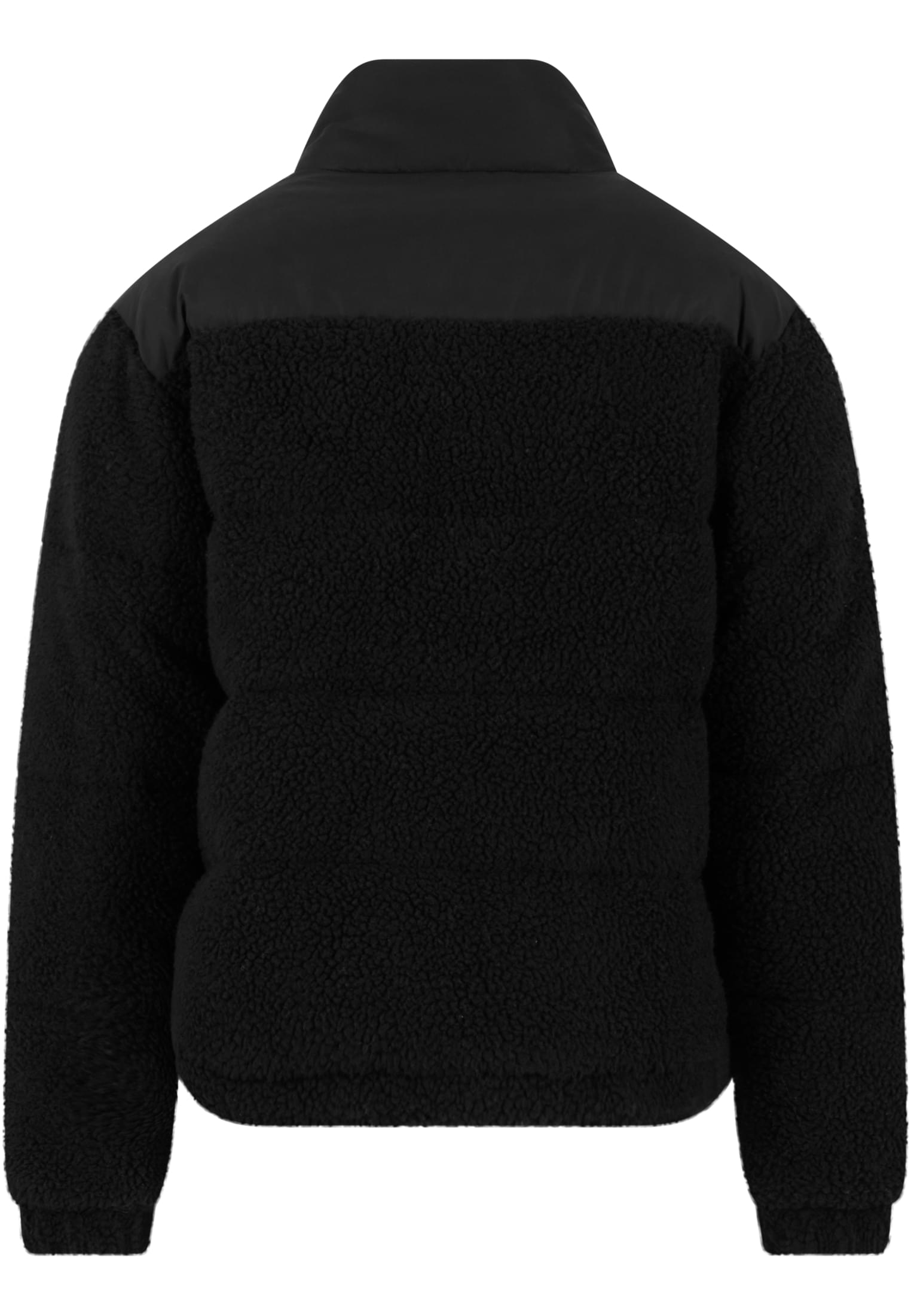 Baksidan av en svart UC Fabric Mix Teddy Puffer Jacket som visar kombinationen av teddyfleece på kroppen och ett slätt puffermaterial över axlarna.